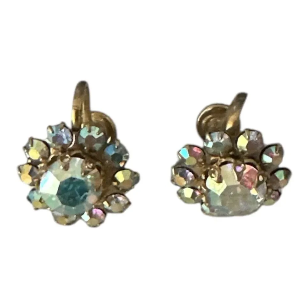 Vintage Rhinestone Floral Clip-On Earrings Gold 1950s 1960s Hollywood Glam Retro